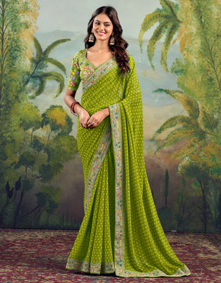 Satrani Embellished, Embroidered, Printed Bandhani Georgette, Lace Saree(Green)