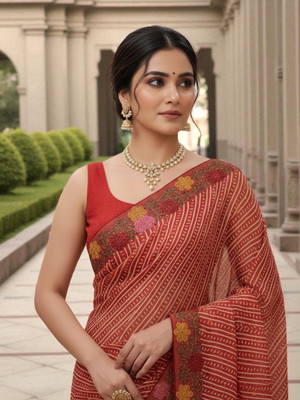 Pionex Striped, Embroidered Bandhani Cotton Silk Saree(Red)