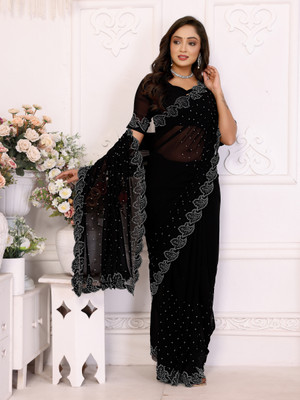 Pikham Self Design Saree with Attached Blouse Georgette Saree(Black)