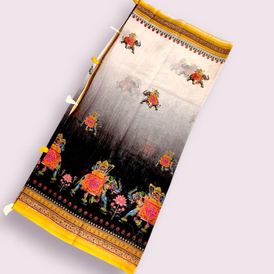 menitha Printed Madhubani Cotton Linen Saree(Black, White, Yellow)