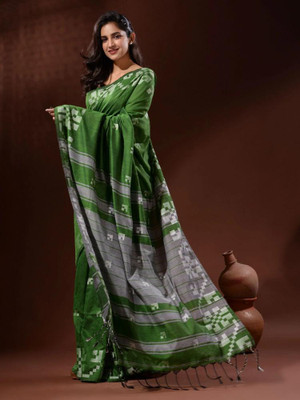 QuteFab Printed, Self Design, Solid/Plain, Woven Handloom Pure Cotton Saree(Green)