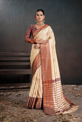 PEENGAX Woven Handloom Silk Blend Saree(Cream)