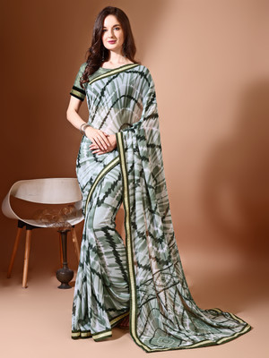 Leelavati Printed, Embellished, Embroidered Daily Wear Chiffon Saree(Grey)