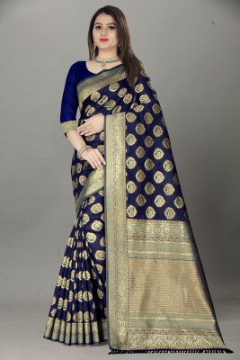 Z MORE Woven Banarasi Cotton Silk Saree(Dark Blue)