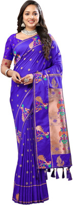 Bansari Textiles Self Design, Woven, Applique, Printed, Temple Border, Striped Paithani Jacquard, Cotton Blend Saree(Blue)