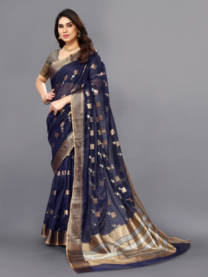 Moda Rapido Printed Kota Doria Cotton Silk, Jacquard Saree(Blue)