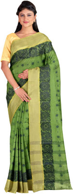 SABITA CUSTOMERY Self Design Handloom Pure Cotton Saree(Green, Yellow)