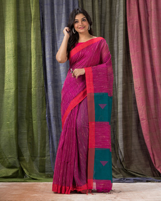 angoshobha Solid/Plain Handloom Cotton Blend Saree(Blue)