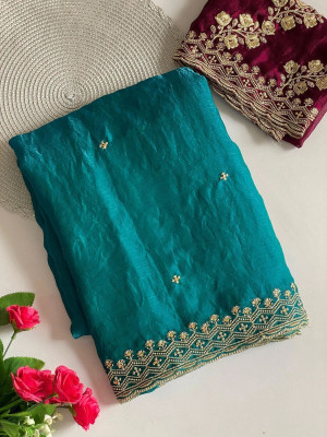 fashionfever Embroidered Bollywood Chiffon Saree(Blue)