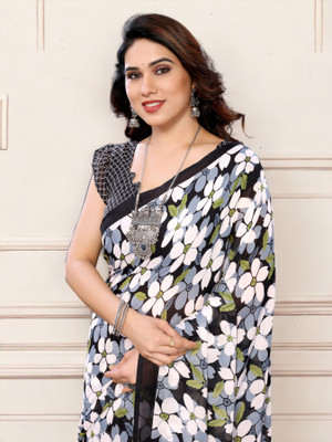 NIRMOHIFASHION Floral Print Bollywood Georgette Saree(Black, White, Green)