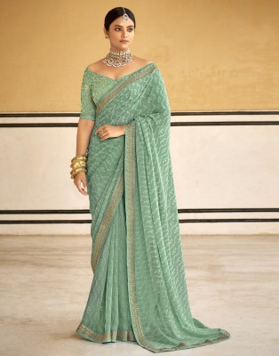 Divastri Printed, Embroidered, Embellished Bandhani Georgette Saree(Green, Gold)
