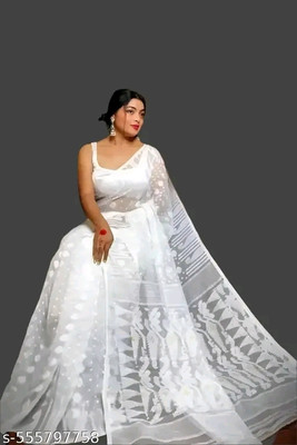 Maa kali saree center Woven, Floral Print, Self Design Jamdani Cotton Silk Saree(White)