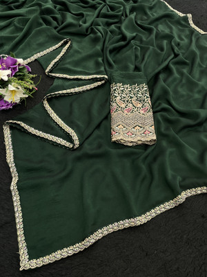 K 5 FASHION Embroidered, Solid/Plain Bollywood Chiffon Saree(Dark Green)