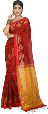 mary creation Floral Print Handloom Cotton Silk Saree(Red, Yellow)