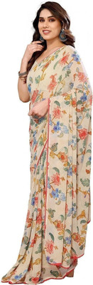 ROOP SUNDARI SAREES Floral Print Bollywood Georgette Saree(Beige, White, Multicolor)