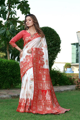 NIRLABH Striped Banarasi Pure Silk Saree(White)