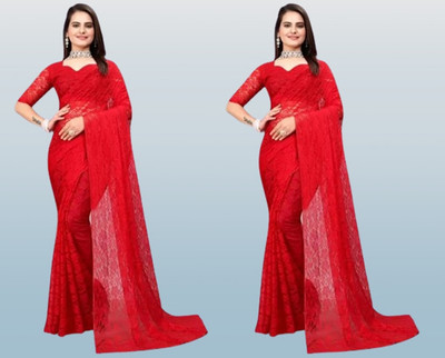 online bazaarr Self Design Bollywood Net Saree(Pack of 2, Red)