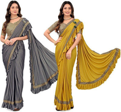 Treshpino Solid/Plain Bollywood Lycra Blend Saree(Pack of 2, Multicolor)