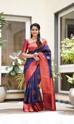 AMRUTKALA SAREES Woven Banarasi Silk Blend Saree(Dark Blue)