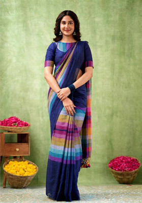 ROONG DHAGAA Checkered Handloom Pure Cotton Saree(Blue)