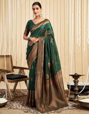 Divastri Embellished Kanjivaram Silk Blend, Jacquard Saree(Dark Green, Brown)