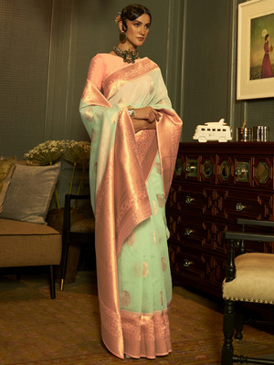Divastri Woven Banarasi Linen Saree(Green)