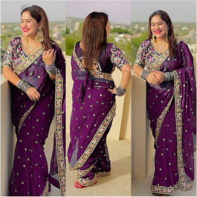 agb tex Embroidered Bollywood Cotton Silk Saree(Purple)
