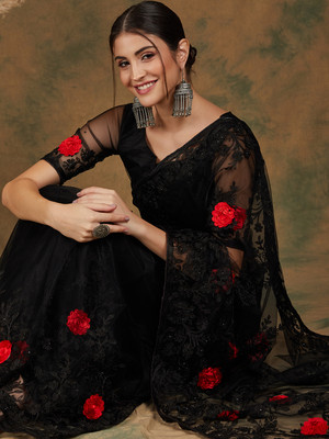 Sangria Embroidered Kalamkari Net Saree(Black)