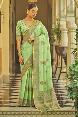 KARAGIRI Geometric Print Daily Wear Linen Saree(Green)