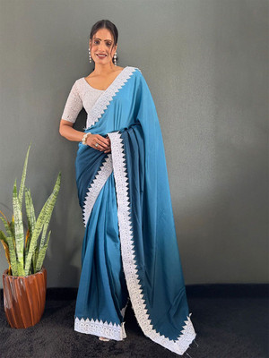 ANOUK Dyed Saree with Attached Blouse Chiffon Saree(Blue)