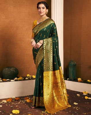 Divastri Woven, Embellished Paithani Silk Blend, Jacquard Saree(Yellow, Green)