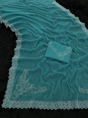 VarniRaaj Fashion Embellished, Geometric Print Bollywood Organza Saree(Light Blue)