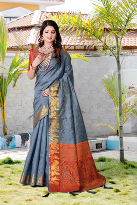 LAVYANSH CREATION Printed Patola Silk Blend Saree(Grey)