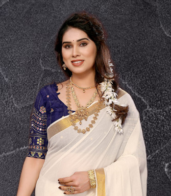 Saran Printed Kasavu Pure Cotton Saree(Multicolor)