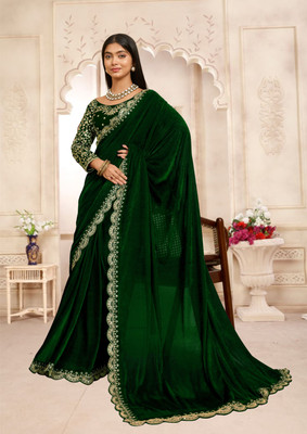 hutah Embellished, Woven Banarasi Pure Cotton, Velvet Saree(Dark Green)