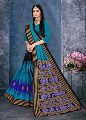 ETHNIC ODISHA HANDLOOM Printed, Digital Print, Geometric Print, Checkered, Polka Print, Graphic Print Sambalpuri Pure Cotton Saree(Blue)