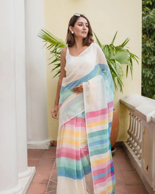 DRAPERIA Printed Handloom Cotton Blend Saree(White, Multicolor)