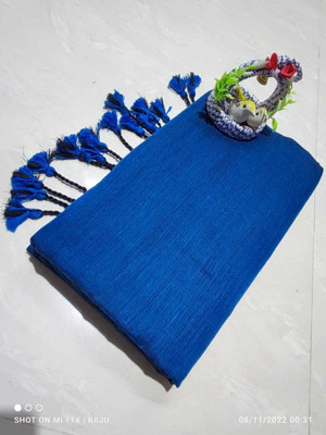MA TARA TEXTILES ROHIT Solid/Plain Bollywood Chanderi Saree(Blue)