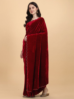 Nepyun Collection Self Design, Embroidered, Solid/Plain Bollywood Velvet Saree(Maroon)