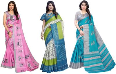 Nirvaan Printed, Woven Daily Wear Art Silk Saree(Pack of 3, Pink, White, Blue, Grey)