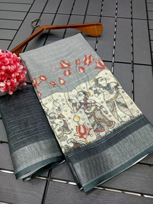 Saaransh Floral Print Kanjivaram Linen, Cotton Silk Saree(Grey)