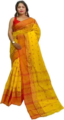 SABITA CUSTOMERY Woven, Color Block Tant Pure Cotton Saree(Yellow, Red)