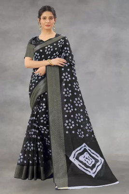 Upalksh Printed Bandhani Cotton Silk Saree(Black)