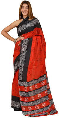 DASTKARPRINT Printed, Color Block, Blocked Printed, Floral Print, Dyed Daily Wear Pure Cotton Saree(Red)