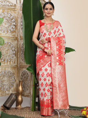 Divastri Printed, Woven Banarasi Cotton Linen Saree(White, Red)