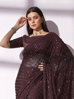 Clemira Embellished Bollywood Georgette Saree(Brown)