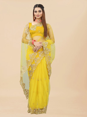 Barkiya Creation Embroidered Bollywood Net Saree(Yellow)
