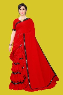 fentik.com Applique, Striped, Embroidered, Paisley, Self Design Leheria Lycra Blend Saree(Red)