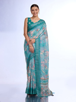 Tasrika Digital Print Bollywood Linen Saree(Light Blue)