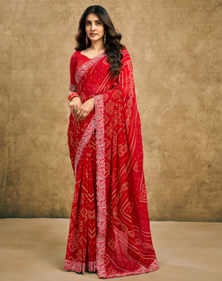 SIRIL Printed, Embellished, Self Design Bandhani Georgette, Lace Saree(Red)